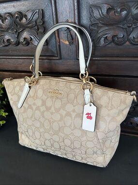 Coach Beige Signature Canvas Tote with Chalk Leather Trim